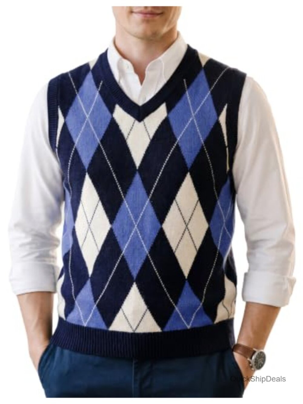 Mens Wool-Blend Knit Sleeveless Sweater Vest V-Neck Diamond Pattern